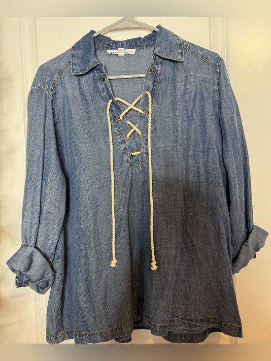 Jane and Delancey Tops - Jane and Delancey Chambray Lace-Up Tunic - BlueCream Ties boho MD 100% lyocell